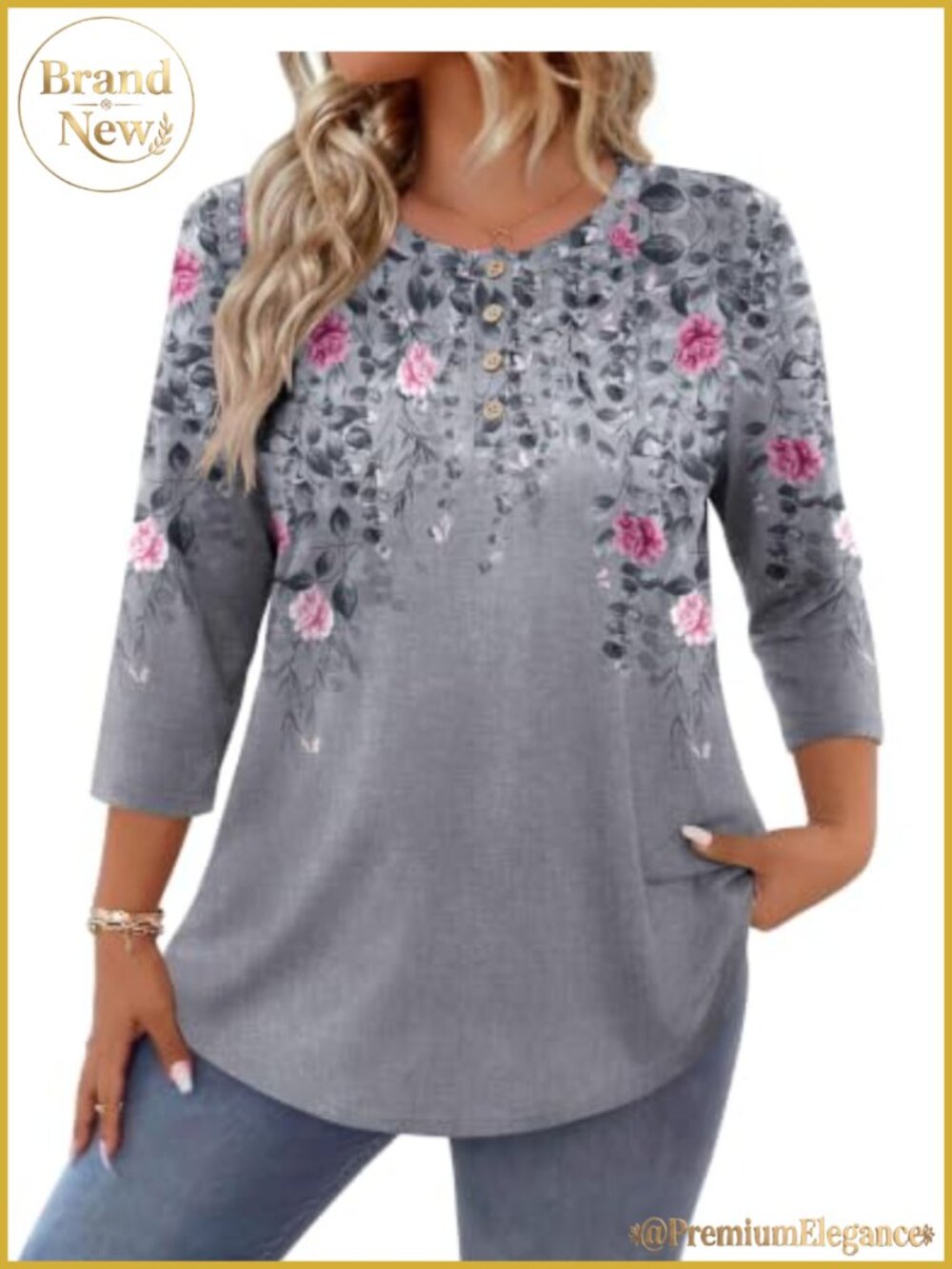Plus Size 3/4 Sleeve Button Down Crew Neck Tunic Blouse Loose Fit